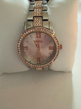 Geneva Two-Tone Silver and Rose Gold Crystal Bracelet Watch